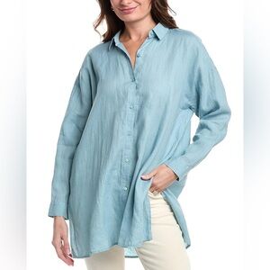 Eileen Fisher - Seafoam Blue Linen Classic Collar Shirt with Pleating